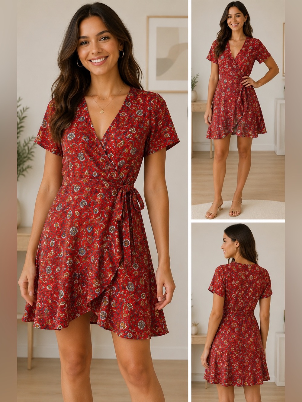 Red Floral Wrap Dress - Women's Faux-Wrap Summer Dress size L junior’s